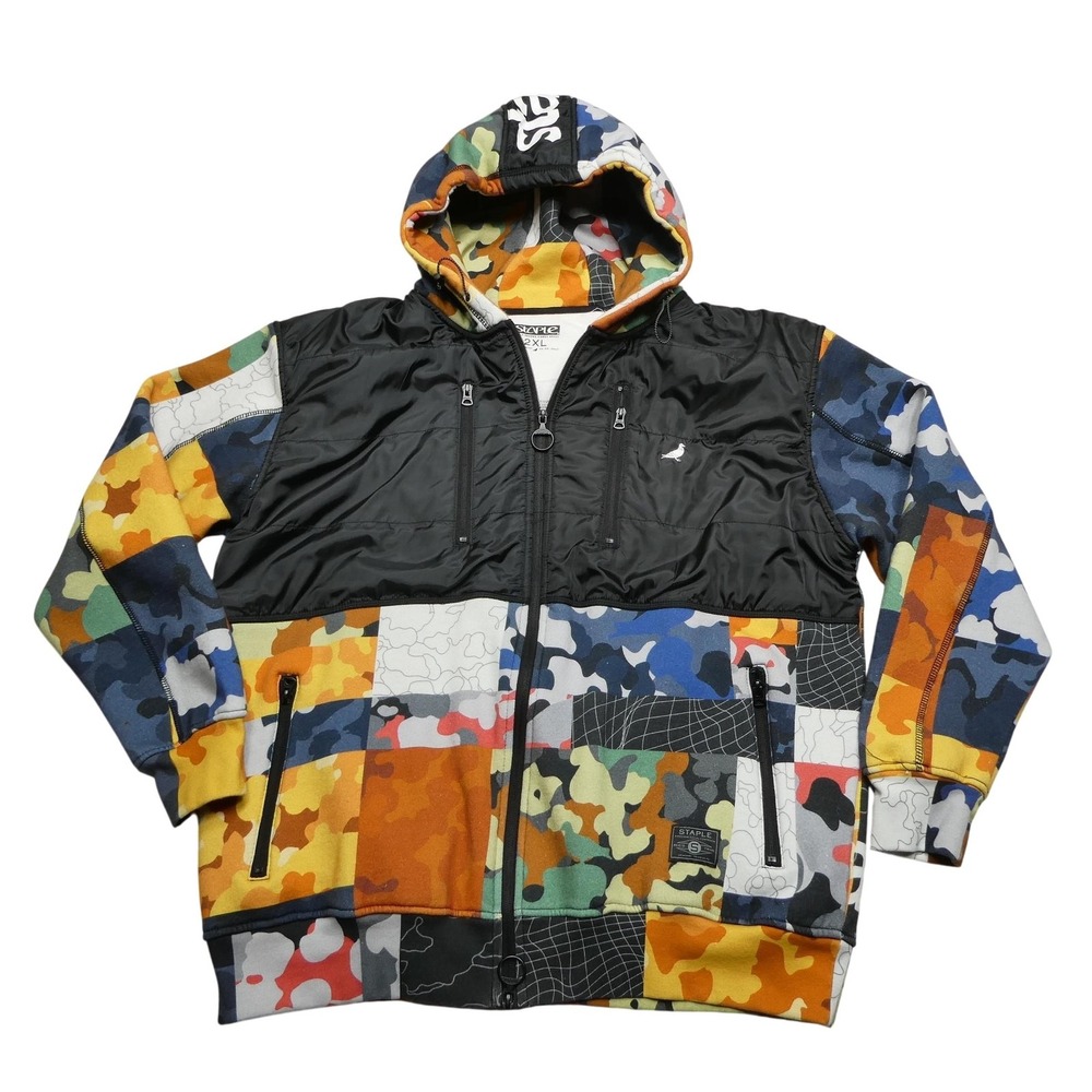 Staple Pigeon Jacket Mens 2XL Multi Camo Patchwork Hooded Full Zip Puffer Panels